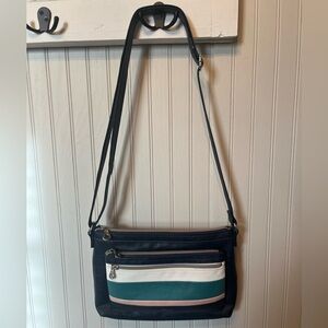 Relic Navy Blue Cross Body Purse  with white, teal and dusty rose stripes.